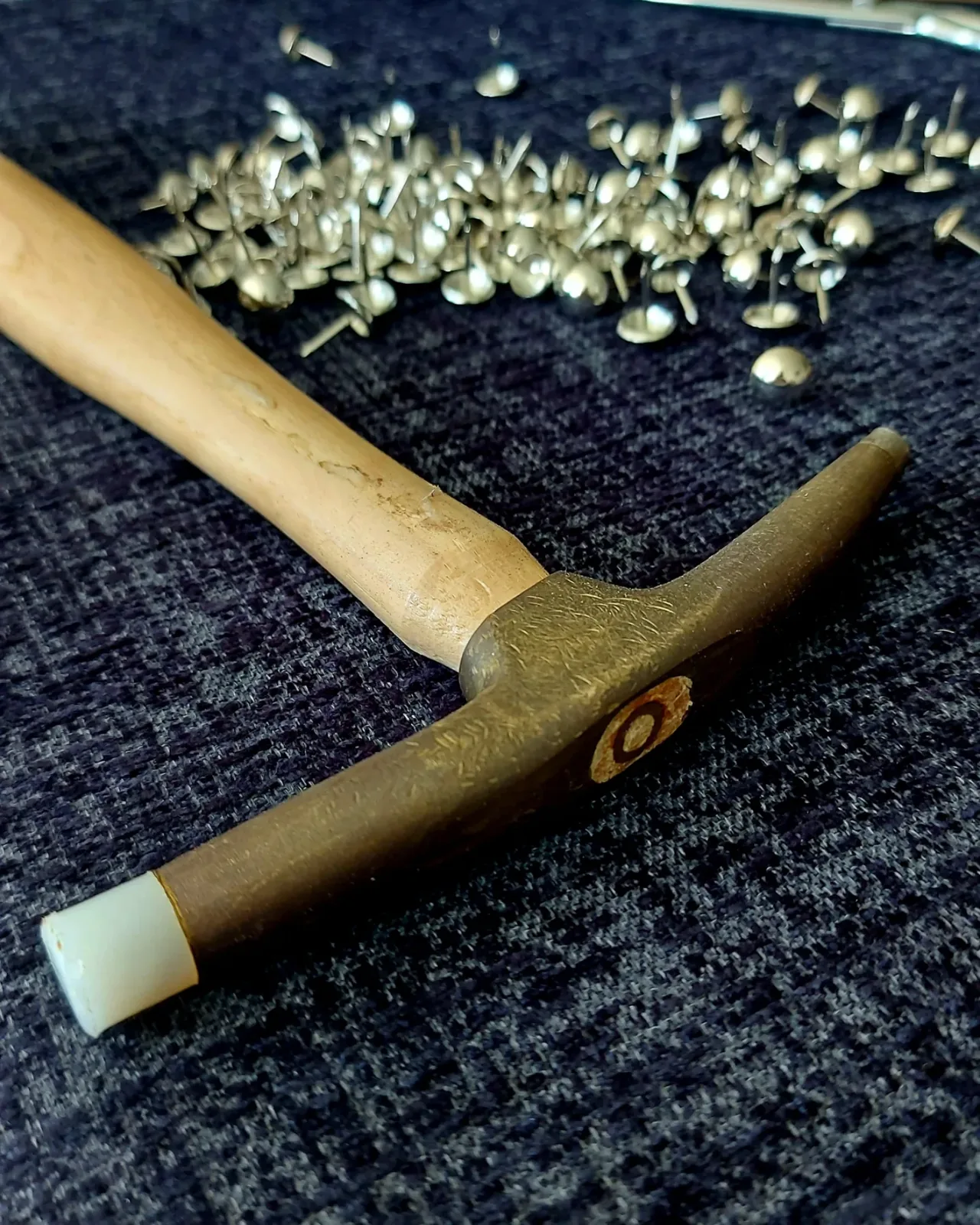 Marteau de tapissier en bois et semences dorées posés sur un velours bleu nuit